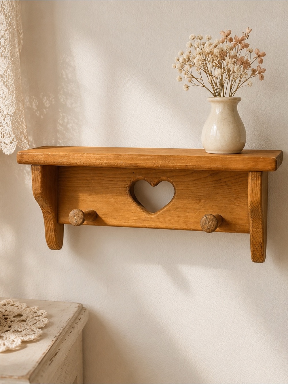 Vintage Wooden Wall Shelf with Heart Cutout & Peg Hooks – Rustic Cottage Decor